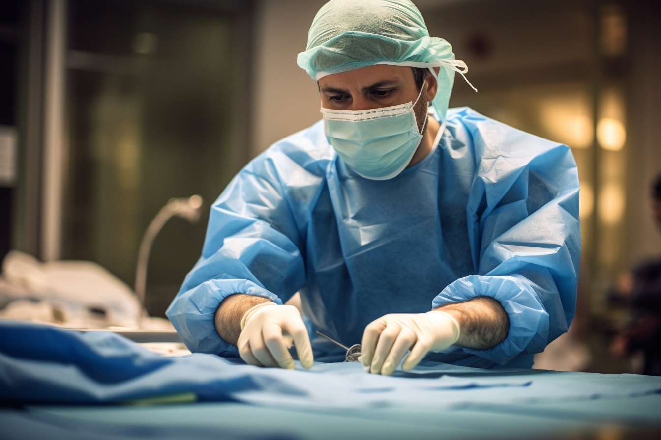 L'image en première de couverture de cet article de blog sur la greffe de cornée montre un ophtalmologiste expert en train de réaliser une intervention chirurgicale précise et délicate, avec en arrière-plan une vue rassurante de la salle d'opération moderne et équipée.